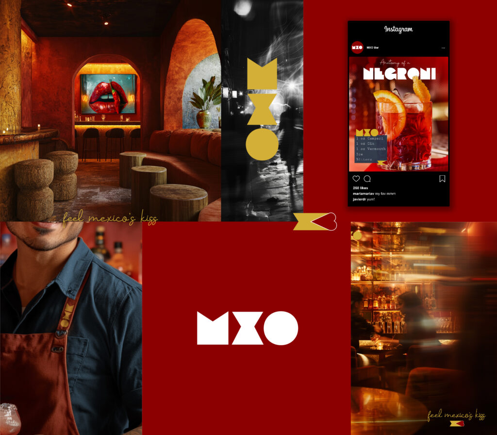 MXO brand board for a modern bar concept.